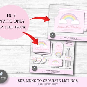 May include: Pink birthday party invitation set with a rainbow and cloud design. Includes invitations, cupcake toppers, water bottle labels, and thank you tags. The text reads "Kaylee's 2nd Birthday!" and "Instant Download."