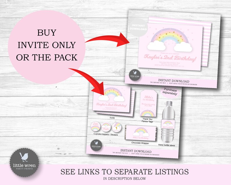 May include: Pink birthday party invitation set with a rainbow and cloud design. Includes invitations, cupcake toppers, water bottle labels, and thank you tags. The text reads "Kaylee's 2nd Birthday!" and "Instant Download."