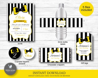 Emma Wiggle decorations, INSTANT DOWNLOAD, invitation, party, black white invite, the wiggles, bowtiful, yellow bow, backdrop, birthday
