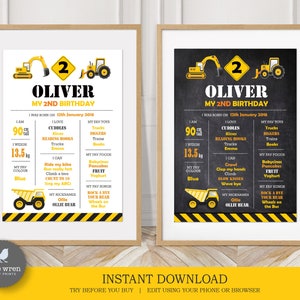 Construction party Milestone board, INSTANT DOWNLOAD, chalkboard poster, birthday board, birthday poster, digger, dump truck, decorations