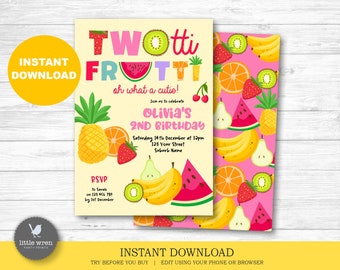 May include: A printable invitation for a 2nd birthday party with a fruit theme. The invitation is yellow with a pink background and features a variety of fruits, including strawberries, pineapples, bananas, watermelons, oranges, pears, and kiwi. The text on the invitation reads "Two-tti Frutti" and "Olivia's 2nd Birthday".