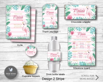 Flamingo Party decor, flamingo decorations, printables, Birthday, invite, first birthday for girl, ideas, chocolate wrapper, milestone board