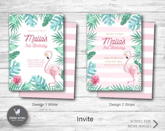 Flamingo Party Invitation, flamingo Birthday, flamingo invite, hawaiian, premier anniversaire pour fille, idées, emballage de chocolat, décorations