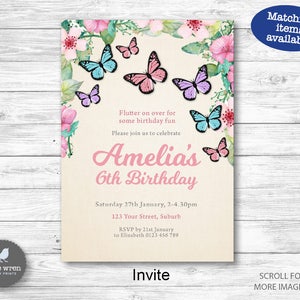 Peut inclure: Une invitation de f&ecirc;te d'anniversaire pour un 6&egrave;me anniversaire sur le th&egrave;me des papillons roses et bleus. L'invitation pr&eacute;sente une bordure florale avec des papillons et le texte "Amelia's 6th Birthday". L'invitation comprend &eacute;galement la date, l'heure et le lieu de la f&ecirc;te.