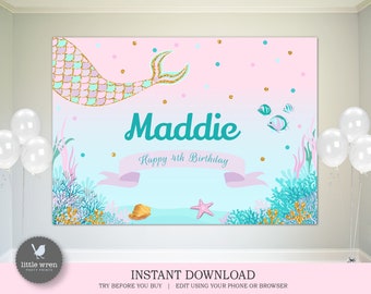 Toile de fond de fête de sirène, TÉLÉCHARGEMENT IMMÉDIAT, bannière, anniversaire de sirène, affiche de sirène, sous la mer, signe d'anniversaire, rose, table à gâteau, numérique