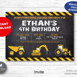 Construction Invitation, INSTANT DOWNLOAD, construction invite, Construction birthday party, digger, dump Truck, digital fil