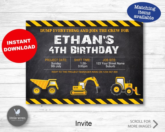Construction Invitation, INSTANT DOWNLOAD, construction invite, Construction birthday party, digger, dump Truck, digital fil
