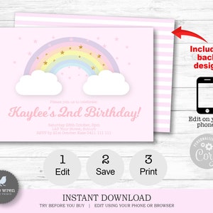May include: A pink birthday invitation with a rainbow and clouds design. The invitation includes the text "Kaylee's 2nd Birthday!" and event details. The back of the invitation has a pink and white striped pattern.