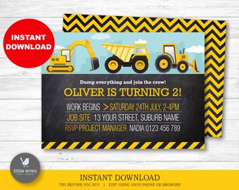 Construction Invitation, INSTANT DOWNLOAD, construction invite, Construction birthday party, digger, dump Truck, digital file