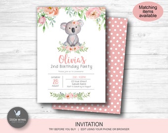 May include: A pink and green floral birthday invitation with a koala bear wearing a pink flower crown. The invitation says "Olivia's 2nd Birthday Party" and includes the date, time, and address.