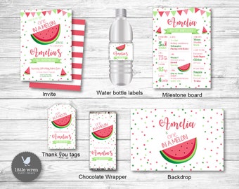 Watermelon birthday party, One in a Melon invitation, first birthday decorations, girls, invite, backdrop, favor tag, chocolate wrapper
