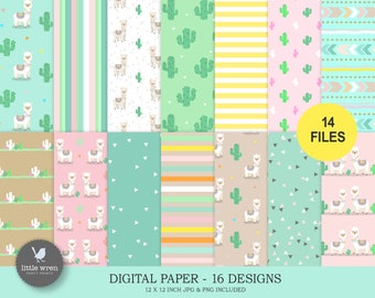 Llama digital paper, INSTANT DOWNLOAD, cactus, fiesta, alpaca paper, scrapbook paper, background paper, background digital, pattern paper
