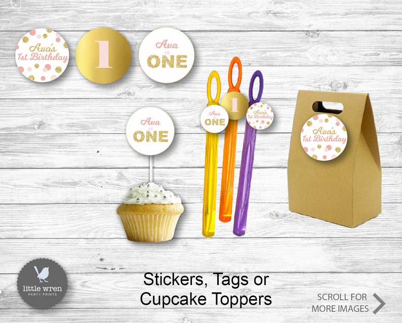 May include: A set of printable party decorations for a first birthday. The set includes cupcake toppers, stickers, tags, and a favor bag. The decorations feature a pink and gold color scheme with the name Ava and the number one.