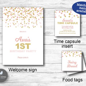 Confetti Party Invitation, Pink gold Invite, 1st birthday, chocolate wrapper, drink bottle label, glitter, digital file, dots, girl image 9
