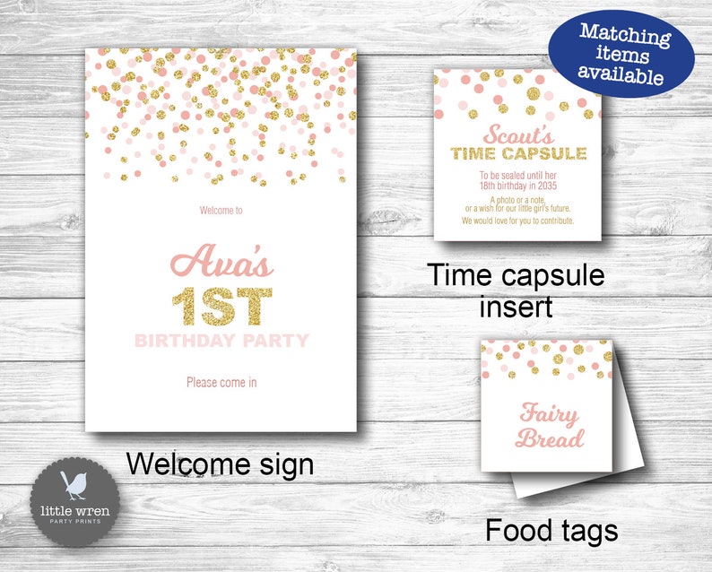 Confetti Party Invitation, Pink gold Invite, 1st birthday, chocolate wrapper, drink bottle label, glitter, digital file, dots, girl image 9
