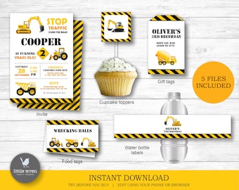 Construction Party Decorations, INSTANT DOWNLOAD, Birthday party, 5 files, Digger party, labels, decor, gift tags, aldi, food tags, water