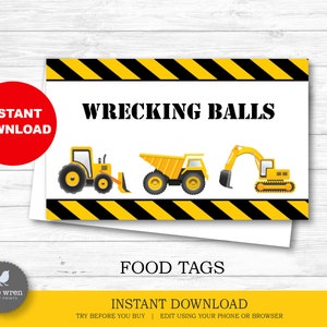 Construction Party Food Labels, INSTANT DOWNLOAD, Food tags, Printable Construction Food Tent, Construction Birthday Party Food Labels