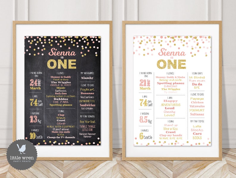 May include: A pink and gold printable first birthday milestone poster with a chalkboard background. The poster features the name Sienna and the text "Sienna is One". The poster includes details about the child's birthdate, height, weight, and other milestones.