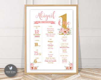 Floral milestone board, Pink gold birthday poster, glitter gold chalkboard poster, pink gold party, first birthday chart, 1st birthday