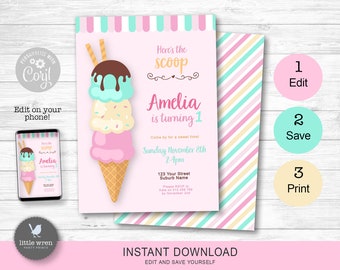 May include: A pink and blue printable invitation with a cartoon ice cream cone. The invitation says "Here's the scoop Amelia is turning 1" and includes details for a birthday party.
