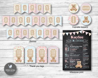 Teddy Bear Decorations, chalkboard print, Teddy bear party, milestone print, first birthday, Teddy Bears picnic, Teddy Bear birt