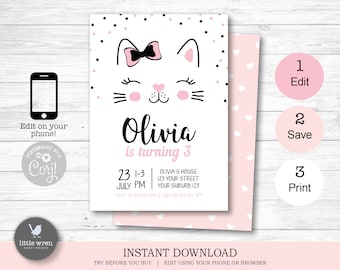 Kitty party invitation, INSTANT DOWNLOAD, cat birthday party, kitty invitation, cat invitation, cat invite, kitty decorations, cat party