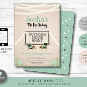 Movie night birthday invitation, INSTANT DOWNLOAD, cinema party, Boho Invite, movie party invite, fairy lights, outdoor movie, girls invite