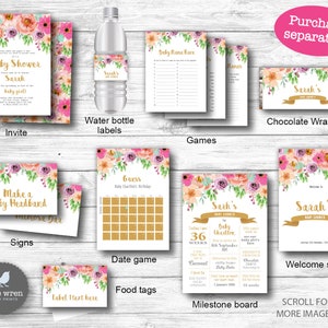 Baby shower games, floral invitation, chocolate wrapper, Bridal shower favor, card, sign, invites, decorations, flowers, water bottle label