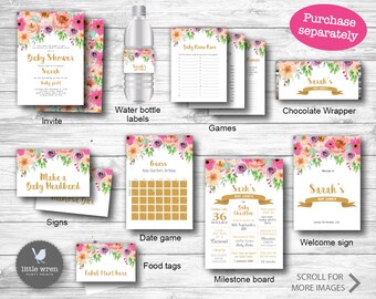 May include: A set of printable baby shower party decorations featuring a floral design with pink, peach, and green colors. The set includes an invitation, water bottle labels, games, signs, a date game, food tags, a milestone board, a welcome sign, and a chocolate wrapper. The text on the invitation reads "Baby Shower Sarah".
