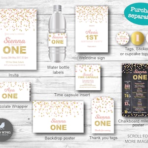 May include: A set of printable party decorations for a first birthday party with a pink and gold confetti theme. The set includes an invitation, a welcome sign, a water bottle label, a chocolate wrapper, a time capsule insert, a backdrop poster, thank you tags, and a chalkboard milestone poster.