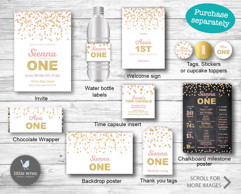 May include: A set of printable party decorations for a first birthday party with a pink and gold confetti theme. The set includes an invitation, a welcome sign, a water bottle label, a chocolate wrapper, a time capsule insert, a backdrop poster, thank you tags, and a chalkboard milestone poster.