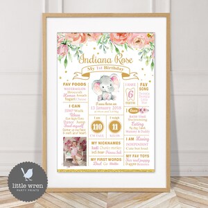May include: A pink and gold first birthday milestone poster with a floral design and an illustration of a baby elephant. The poster includes details about the child's birth, height, weight, favorite foods, songs, and activities. The text on the poster reads "Indiana Rose, My 1st Birthday".