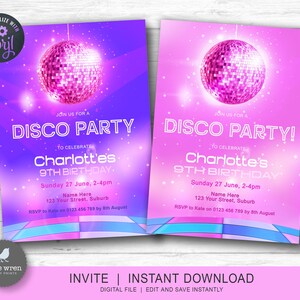Disco invitation, INSTANT DOWNLOAD, disco birthday, party decorations, invite, disco party, girls birthday, pink disco, dance party, purple