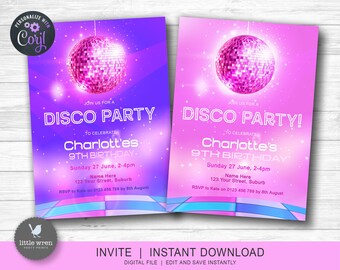 Invito in discoteca, DOWNLOAD immediato, compleanno in discoteca, decorazioni per feste, invito, festa in discoteca, compleanno ragazze, discoteca rosa, festa da ballo, viola