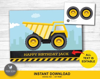 Construction Pin the Wheel on the Dump Truck, INSTANT DOWNLOAD, banner, poster, Construction Party decorations, games, digger, dump truck
