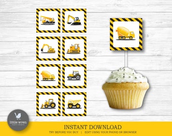 May include: Printable construction vehicle cupcake toppers. Eight yellow and black square toppers feature different construction vehicles, including a crane, excavator, bulldozer, cement mixer, and dumper truck. The text "INSTANT DOWNLOAD" and "TRY BEFORE YOU BUY | EDIT USING YOUR PHONE OR BROWSER" is at the bottom of the image.