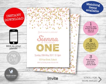 Pink gold invite, INSTANT DOWNLOAD, Confetti Party Invitation, Pink Gold party, 1st birthday, girls, printable, digital file, dots, spots