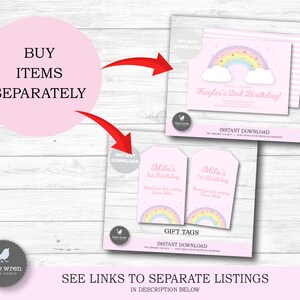 May include: Printable rainbow birthday party invitation, gift tags, and thank you cards. The invitation features a rainbow with clouds and stars on a pink background. The text on the invitation reads "Kaylee's 2nd Birthday!" The gift tags feature a rainbow with stars on a pink background. The text on the gift tags reads "Mila's 1st Birthday".