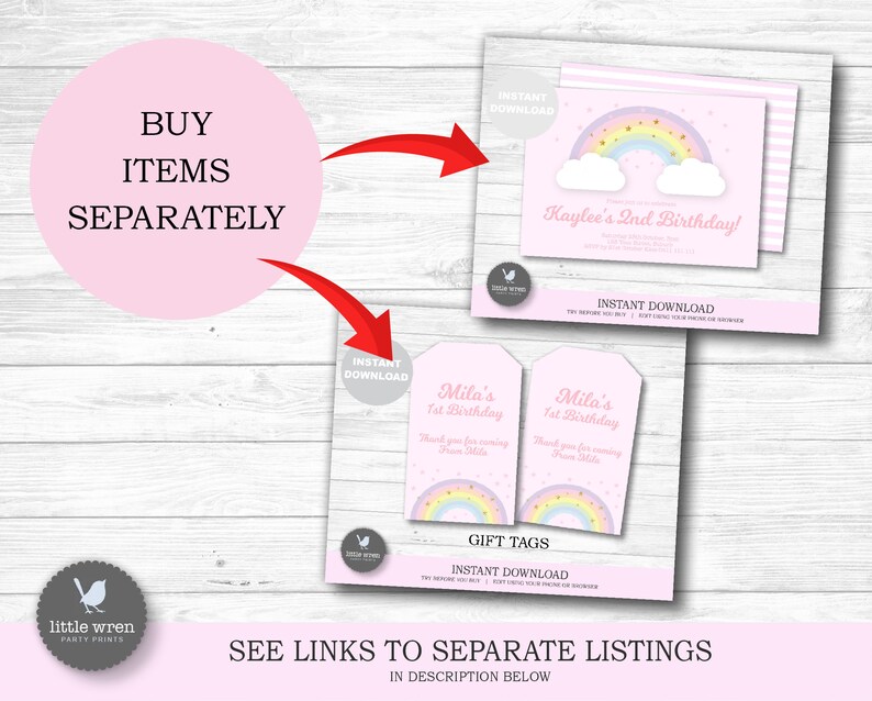 May include: Printable rainbow birthday party invitation, gift tags, and thank you cards. The invitation features a rainbow with clouds and stars on a pink background. The text on the invitation reads "Kaylee's 2nd Birthday!" The gift tags feature a rainbow with stars on a pink background. The text on the gift tags reads "Mila's 1st Birthday".