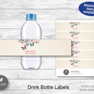 Peut inclure: Etiquettes de bouteilles d'eau imprimables avec un motif floral et des papillons. Les &eacute;tiquettes comportent le texte "Amelia's 6th Birthday".