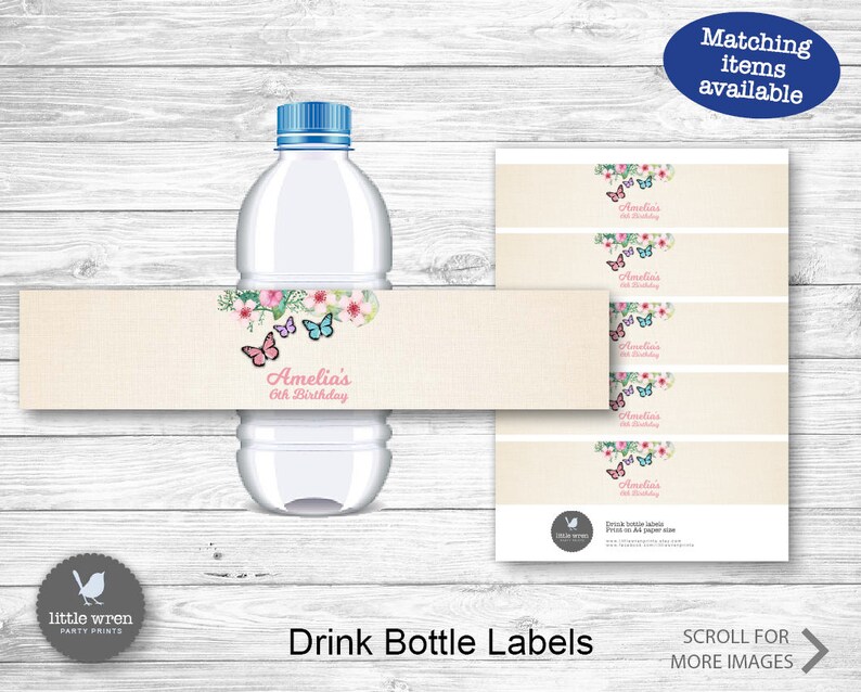 Peut inclure: Etiquettes de bouteilles d'eau imprimables avec un motif floral et des papillons. Les &eacute;tiquettes comportent le texte "Amelia's 6th Birthday".
