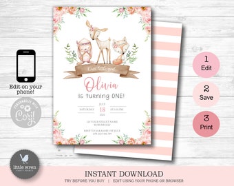 Woodland animals invite, INSTANT DOWNLOAD, Woodland invitation, Boho invitation, 1st birthday invite, girls, fox invite, bunny, deer, pink