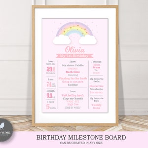 May include: A pink and rainbow-themed printable birthday milestone board for a first birthday. The board features a rainbow with stars, clouds, and the name "Olivia". It includes details like the child's birthdate, height, weight, and favorite activities.