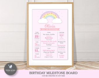 Rainbow milestone board, INSTANT DOWNLOAD,  pastel birthday poster, rainbow chalkboard poster, pink gold party, first birthday chart, 1st