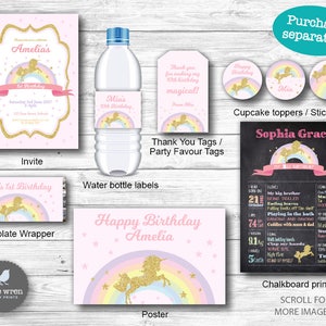Unicorn Party Decorations, unicorn backdrop, Pastel Rainbow, Unicorn invitation, favor tags, goodie bag tags, water bottle labels, hersheys