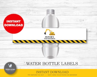 May include: Printable water bottle labels featuring a yellow construction vehicle with black stripes. The labels say "Oliver's 2nd Birthday".