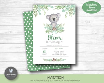 Koala birthday party decorations, INSTANT DOWNLOAD, welcome sign, Australian animal, foliage, eucalyptus, koala invitation, baby animals