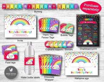 Rainbow party decorations, Rainbow invitation, confetti, kids party, rainbow decor, water bottle labels, chocolate wrappers, favor tags