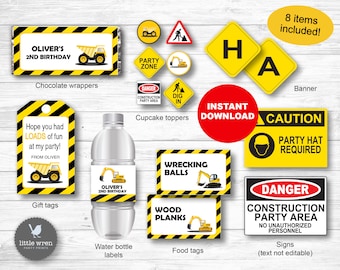 May include: Printable construction party decorations in yellow and black with a construction vehicle theme. Includes a banner, cupcake toppers, gift tags, water bottle labels, food tags, and chocolate wrappers. The text on the banner reads "Caution Party Hat Required".