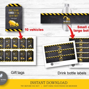 May include: Printable construction vehicle party favor tags and drink bottle labels. The tags feature a chalkboard background with yellow and black warning stripes. The text on the tags reads "Hope you had loads of fun at my party from Oliver". The labels feature a chalkboard background with yellow and black warning stripes and the text "Oliver's 2nd Birthday".